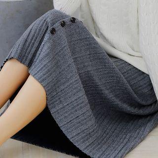 Button-front Knit Pleated Skirt