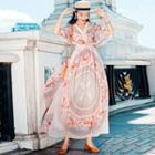 Printed V-neck 3/4-sleeve Maxi A-line Dress