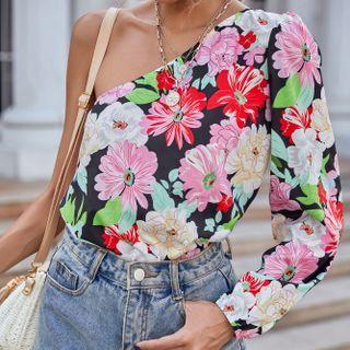 One-shoulder Floral Print Blouse
