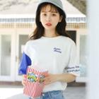 Letter Embroidered Elbow-sleeve T-shirt Blue & White - One Size