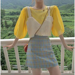 Plain Elbow-sleeve Top / Plaid A-line Skirt / Fringed Trim Camisole Top