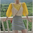 Plain Elbow-sleeve Top / Plaid A-line Skirt / Fringed Trim Camisole Top
