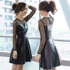 Long-sleeve Lace Panel Faux Leather Mini A-line Dress