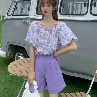 Flower Print Off-shoulder Blouse / High-waist Shorts