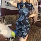 Dragon Print Short-sleeve Slim-fit Qipao Dress