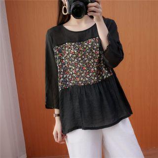 3/4-sleeve Floral Print Top Floral Print - Black - One Size