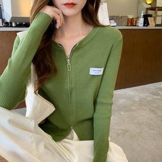 Long-sleeve Logo Zip-front Knit Top