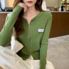 Long-sleeve Logo Zip-front Knit Top