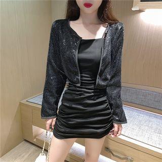 Long-sleeve Sequined Jacket / Spaghetti-strap Plain Slim Fit Dress