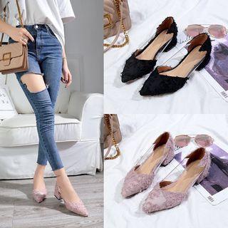 Clear Panel Block Heel Pointy Pumps