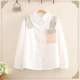 Cat Embroidered Single-breasted Long-sleeve Shirt
