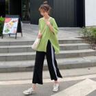 Set: 3/4-sleeve Slit T-shirt + Cropped Contrast Trim Wide-leg Pants