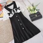 Bow Color Block Short-sleeve Dress Black & White - One Size