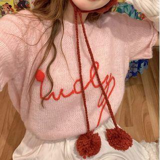 Short-sleeve Letter Embroidered Knit Top Pink - One Size