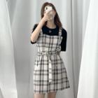 Mock-two-piece Short-sleeve Plaid Dress