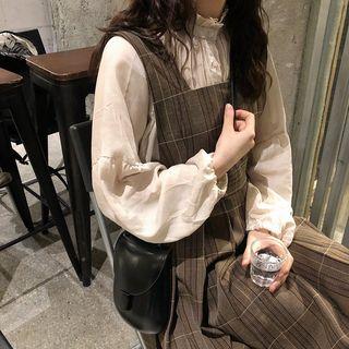Frill Collar Chiffon Blouse / Plaid Midi Pinafore Dress