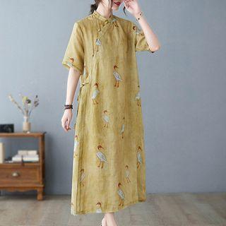 Short-sleeve Crane Print Midi Shift Dress