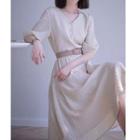 Set: Elbow-sleeve V-neck Midi A-line Dress + Belt