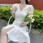 Puff-sleeve Shirred Ruffle Hem Midi A-line Dress