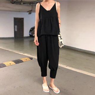 Plain V-neck Camisole Top / Plain Elastic-waist Cropped Harem Pants