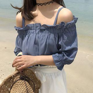 Ruffled Off-shoulder Elbow-sleeve Top