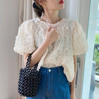 Short-sleeve Crewneck Shirred Blouse