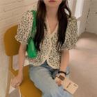 Short-sleeve V-neck Floral Print Blouse As Figure - One Size