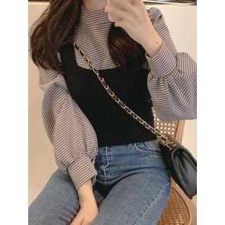 Set: Plaid Blouse + Knit Vest