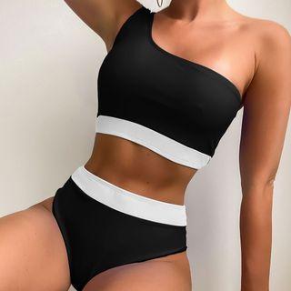 Set: One-shoulder Two-tone Bikini Top + Bottom