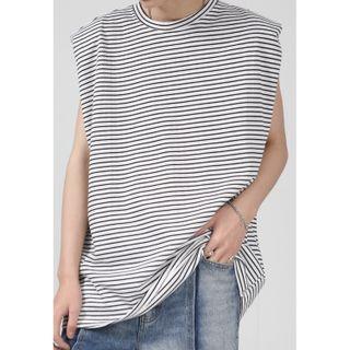 Sleeveless Shoulder Padded Striped T-shirt