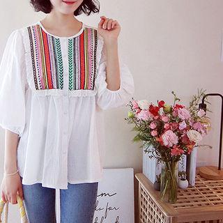 Puff-sleeve Embroidered-panel Blouse White - One Size