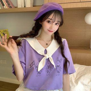 Elbow-sleeve Print Sailor-collar T-shirt