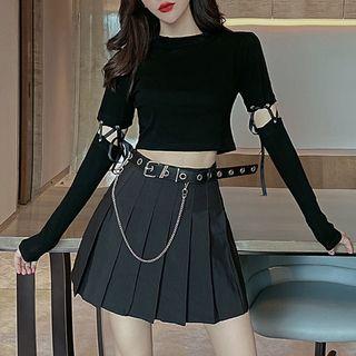 Lace Up Crew-neck Long-sleeve T-shirt / Mini Pleated Skirt / Faux Leather Belt / Set