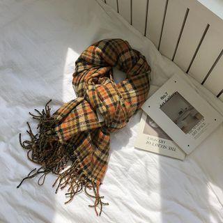 Plaid Fringed Scarf Orange & Coffee - 200cm X 70cm
