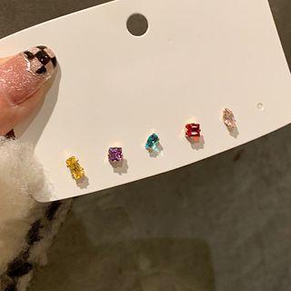 Rhinestone Stud Earring Set Of 5 - Yellow & Purple & Blue - One Size