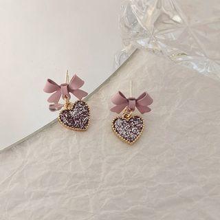 Sterling Silver Ribbon Heart Drop Earring 1 Pair - Pink - One Size