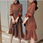 Dotted Long-sleeve Midi Chiffon Dress