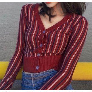 Long-sleeve Striped Knit Cardigan Red - One Size
