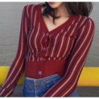 Long-sleeve Striped Knit Cardigan Red - One Size