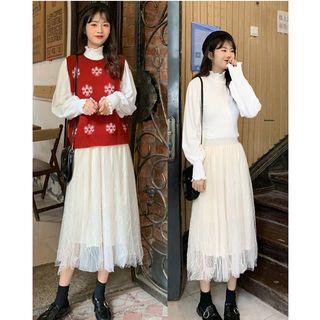 Knit Vest / Sheer Overlay Midi Skirt / Mock-neck Top
