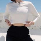 Half-button Long-sleeve Rib-knit Cropped Top