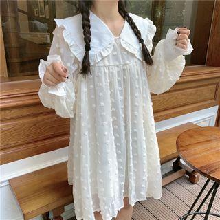 Long-sleeve Frill Trim Collar Dotted A-line Dress White - One Size