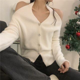 Plain Halter-neck Off-shoulder Cardigan