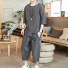 Set: 3/4 Sleeve Asymmetric Embroidered Shirt + Capri Pants