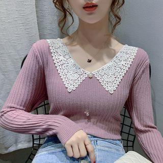 Long-sleeve Lace Collar Knit Top