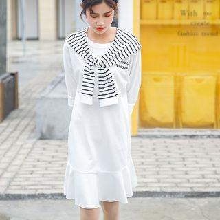3/4-sleeve Striped Panel Hooded Dress