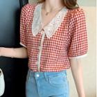 Short Sleeve Lace Collar Gingham Blouse
