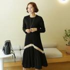 Contrast-trim Long Pleat Dress Black - One Size