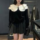 Collared Velvet Blouse / Pleated Skirt