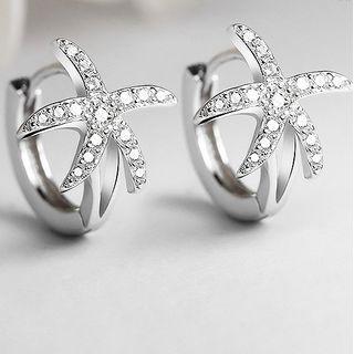 925 Sterling Silver Rhinestone Starfish Hoop Earring 1 Pair - Earring - 0.9cm